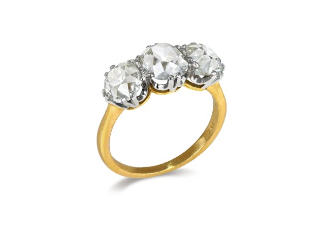 Old mine diamond three stone ring, early 20th Century.