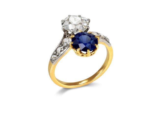 Sapphire and diamond crossover ring, French, early 20th Century.