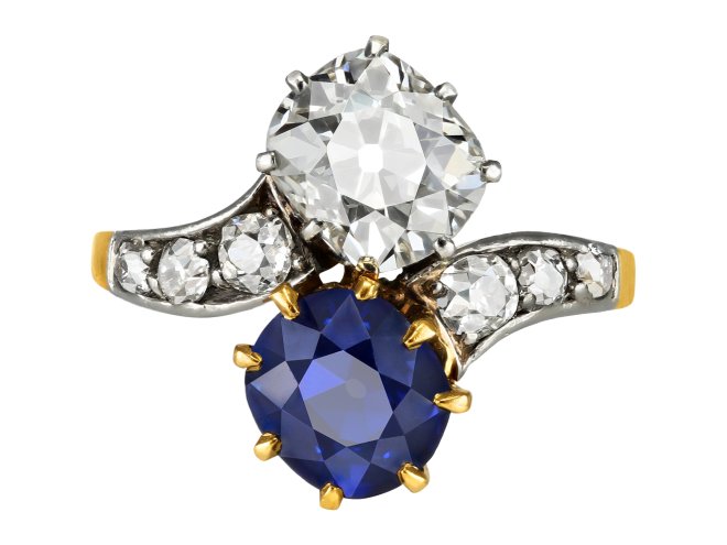 Sapphire and diamond crossover ring, French, early 20th Century.