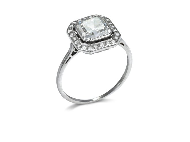 Art Deco asscher cut diamond target ring, circa 1920.