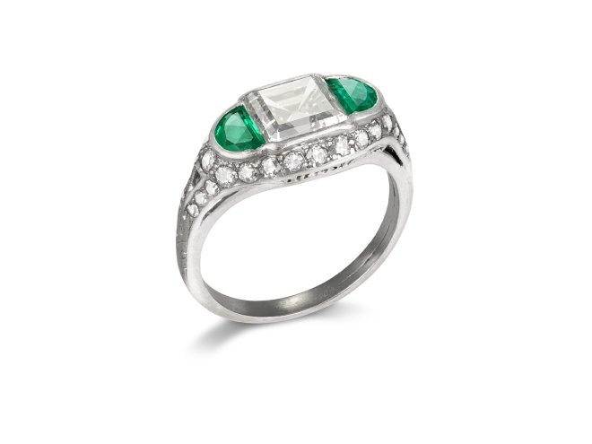 Asscher cut diamond and emerald ring, early 20th Century.