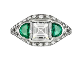 Asscher cut diamond and emerald ring, early 20th Century.