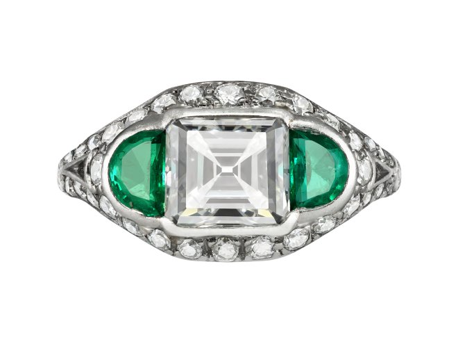 Asscher cut diamond and emerald ring, early 20th Century.