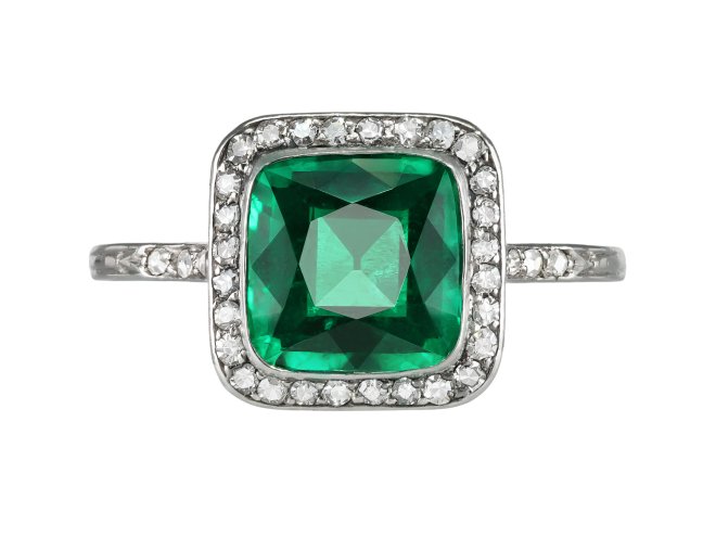 Colombian emerald and diamond coronet cluster ring, circa 1910.