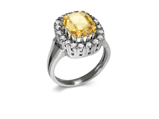 Yellow Ceylon sapphire and diamond coronet cluster ring, mid 20th Century. 
