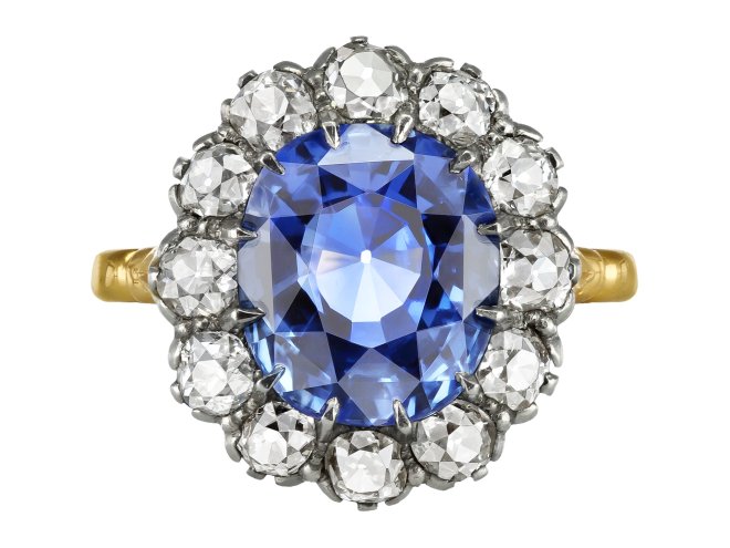 Sapphire and diamond coronet cluster ring, early 20th Century.