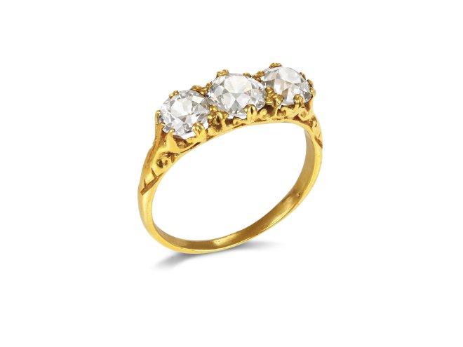 Old cut diamond three stone ring, early 20th Century.
