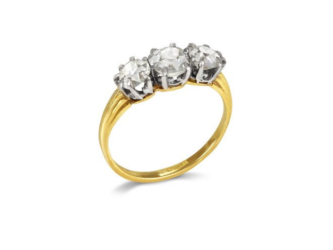 Old mine diamond three stone ring, early 20th Century.