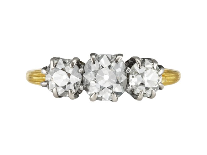 Old mine diamond three stone ring, early 20th Century.
