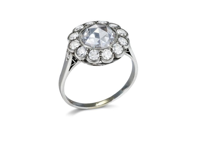 Rose cut diamond coronet cluster ring, Dutch, mid 20th Century. 
