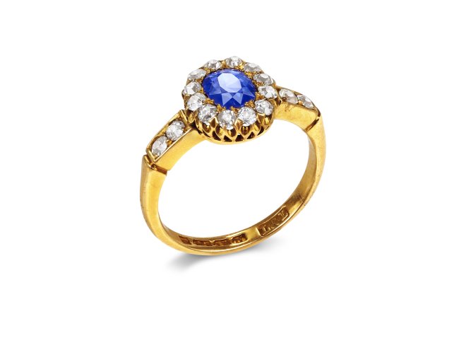 Sapphire and diamond coronet cluster ring, English, 1903.