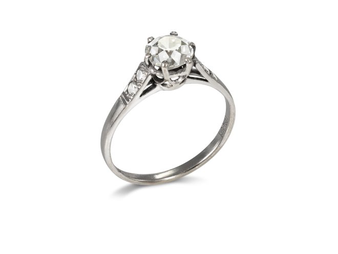 Diamond flanked solitaire ring, USSR, mid 20th century. 