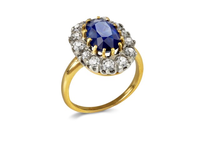 Sapphire and diamond coronet cluster ring, French, early 20th Century.