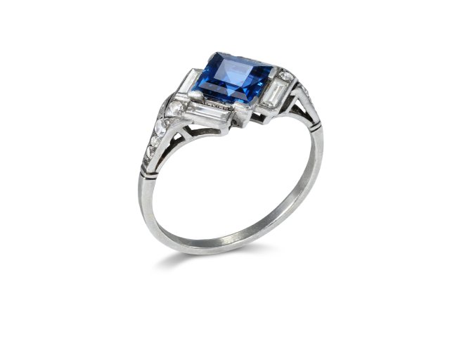 Art Deco sapphire and diamond flanked solitaire ring, circa 1930. 