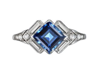 Art Deco sapphire and diamond flanked solitaire ring, circa 1930. 