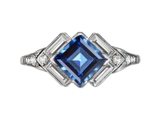 Art Deco sapphire and diamond flanked solitaire ring, circa 1930. 