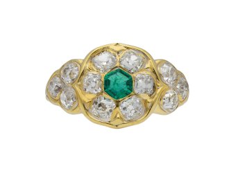 Victorian emerald and diamond cluster ring, circa 1870.