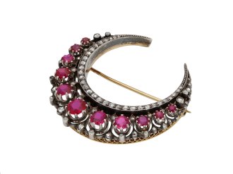 Antique ruby and diamond crescent brooch hatton garden