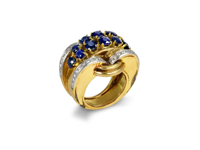 Sapphire and diamond cocktail ring, French, circa 1945.