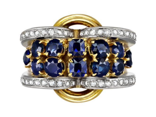 Sapphire and diamond cocktail ring, French, circa 1945.