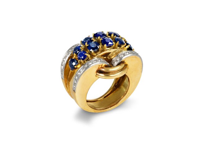 Sapphire and diamond cocktail ring, French, circa 1945.
