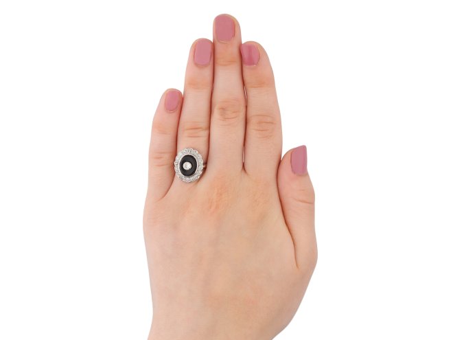 Art Deco onyx and diamond coronet cluster ring, circa 1920. Hatton Garden
