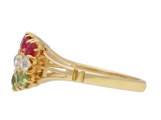 Antique ruby, diamond and demantoid garnet ring, circa 1900. Hatton Garden