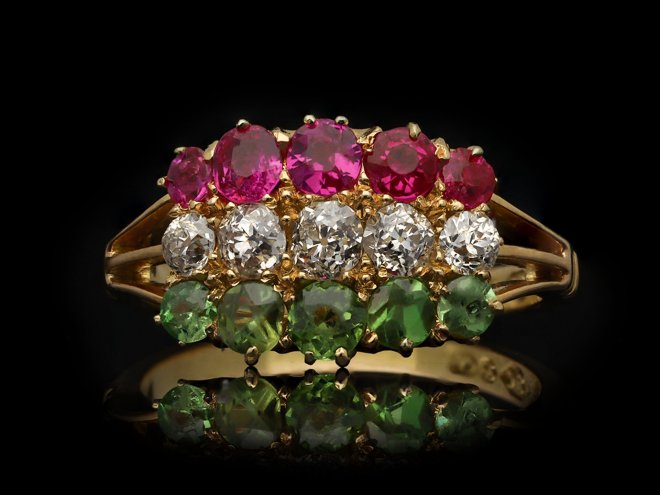 Antique ruby, diamond and demantoid garnet ring, circa 1900. Hatton Garden
