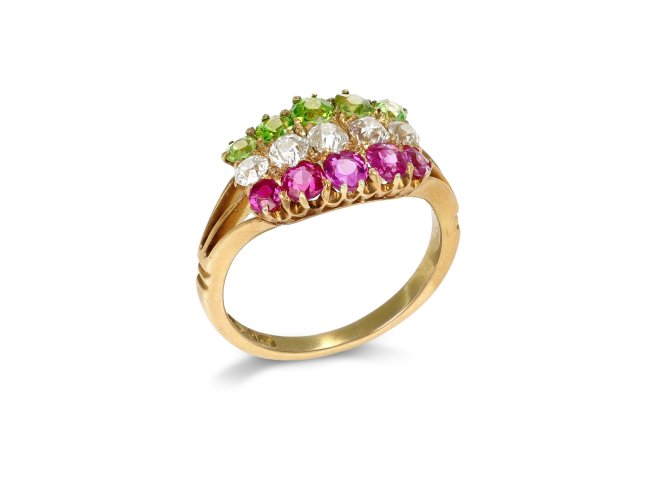 Antique ruby, diamond and demantoid garnet ring, circa 1900. Hatton Garden