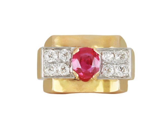 Burmese ruby and diamond cocktail ring, French, circa 1950.