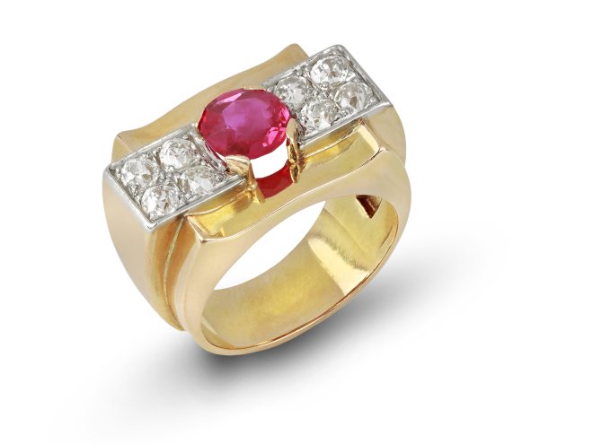Burmese ruby and diamond cocktail ring, French, circa 1950.