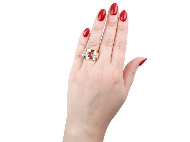 Burmese ruby and diamond cocktail ring, French, circa 1950.