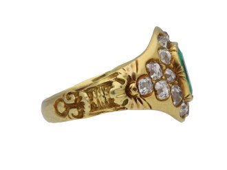 Victorian colombian emerald and diamond cluster ring, circa 1900.