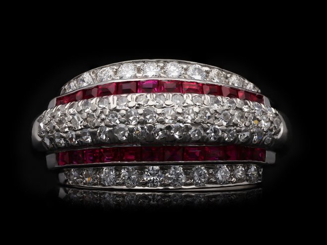 Diamond and ruby cocktail ring, circa 1945. Hatton Garden