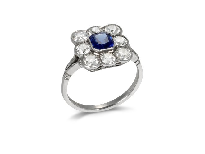 Sapphire and diamond coronet cluster ring, circa 1920.