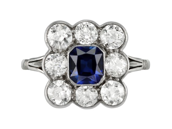 Sapphire and diamond coronet cluster ring, circa 1920.