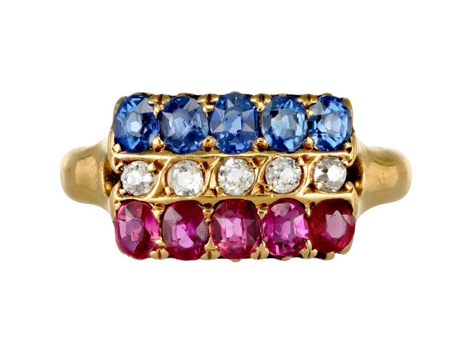 Victorian ruby, sapphire and diamond ring, English, 1897.