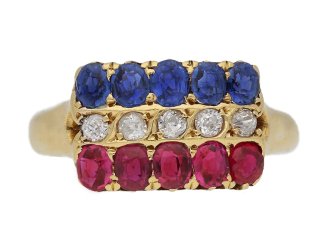Victorian ruby, sapphire and diamond ring, English, 1897.