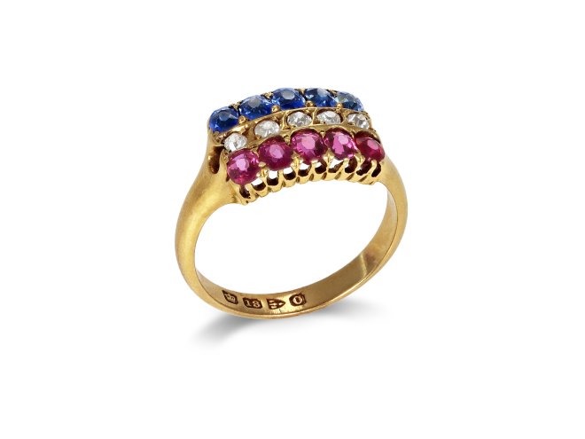 Victorian ruby, sapphire and diamond ring, English, 1897.
