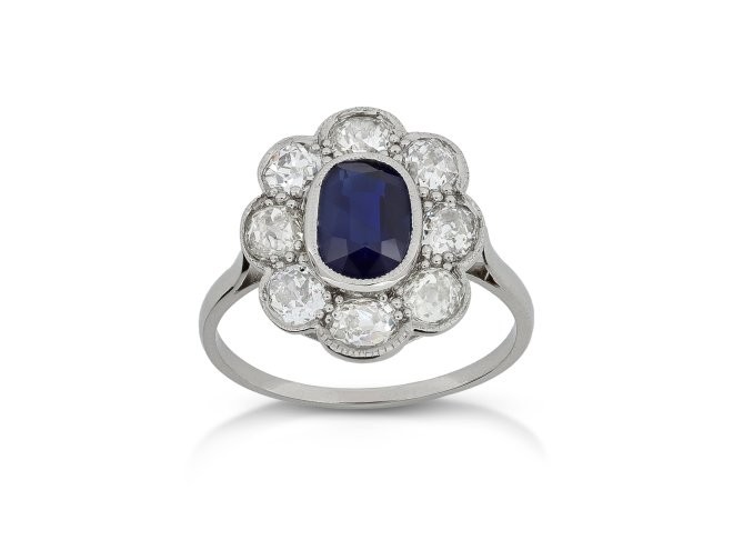 Sapphire and diamond coronet cluster ring, circa 1920.