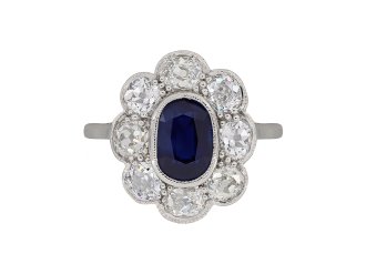 Sapphire and diamond coronet cluster ring, circa 1920.