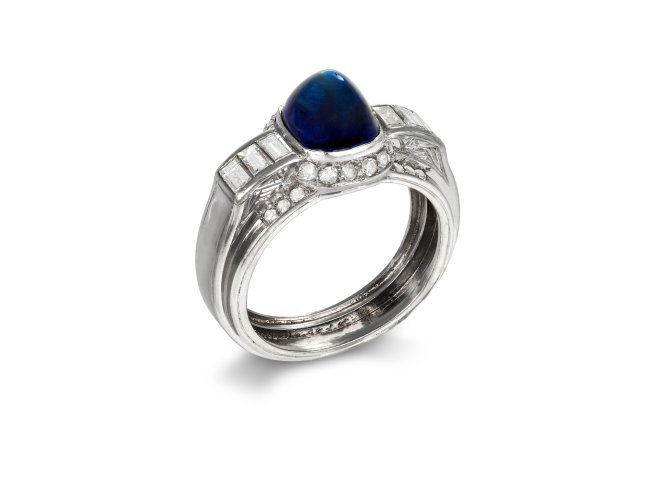 Sugar loaf cabochon sapphire and diamond ring, circa 1950.