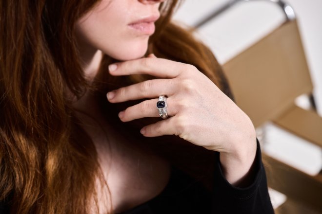 Sugar loaf cabochon sapphire and diamond ring, circa 1950.