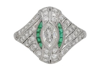 front view Antique emerald diamond ring berganza hatton garden