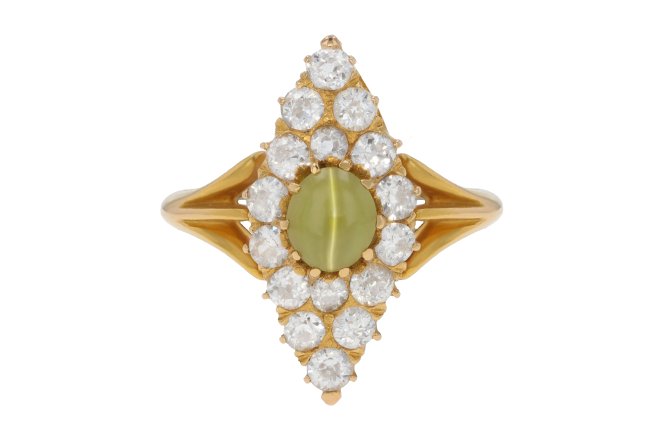 chrysoberyl and diamond marquise cluster ring hatton garden
