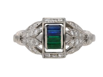 Art Deco sapphire, emerald diamond ring berganza hatton garden