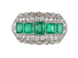 Art Deco five stone emerald and diamond cluster ring