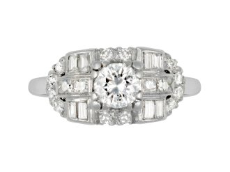 Round and baguette diamond cluster ring, American, circa 1950.