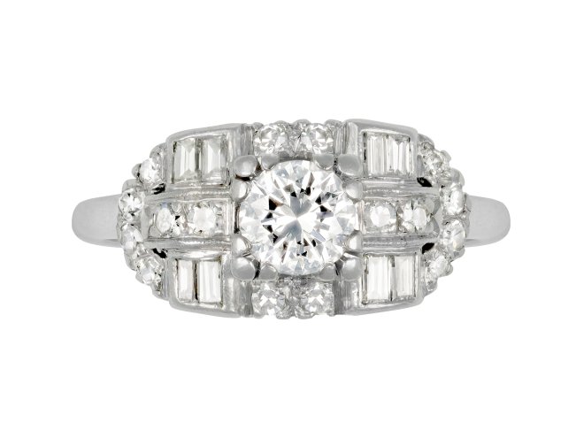 Round and baguette diamond cluster ring, American, circa 1950.