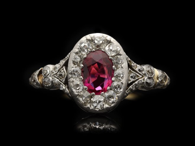 Victorian ruby and diamond cluster ring berganza hatton garden